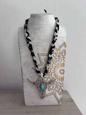 Black & White Braided Turquoise Bull Pendant Necklace